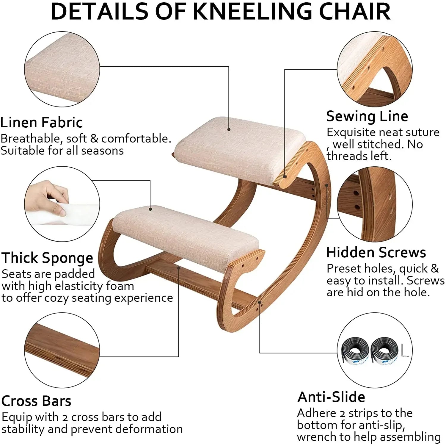 Masslatie Ergonomic Rocking Wooden Kneeling Chair Stool with Thick Cushion, White Oak Frame J763478
