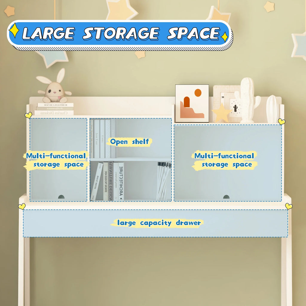 Kids Desk and Chair Set with Drawers, White Wooden Study Desk for Ages 5-12 F251