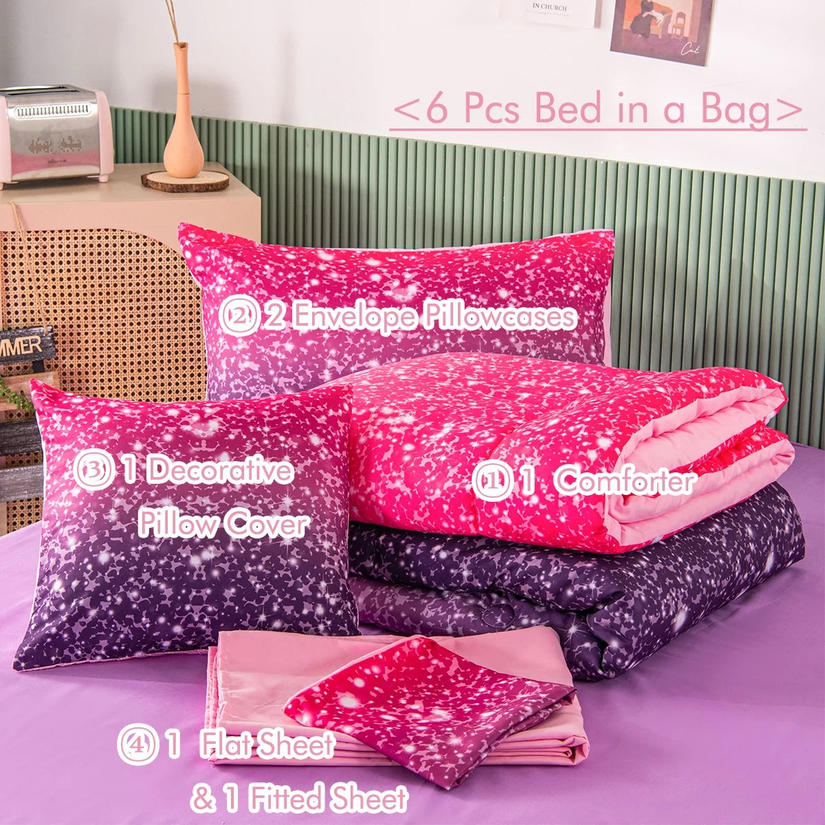 PERFEMET Twin Gradient Pink Purple Glitter Comforter Set for Girls G137325