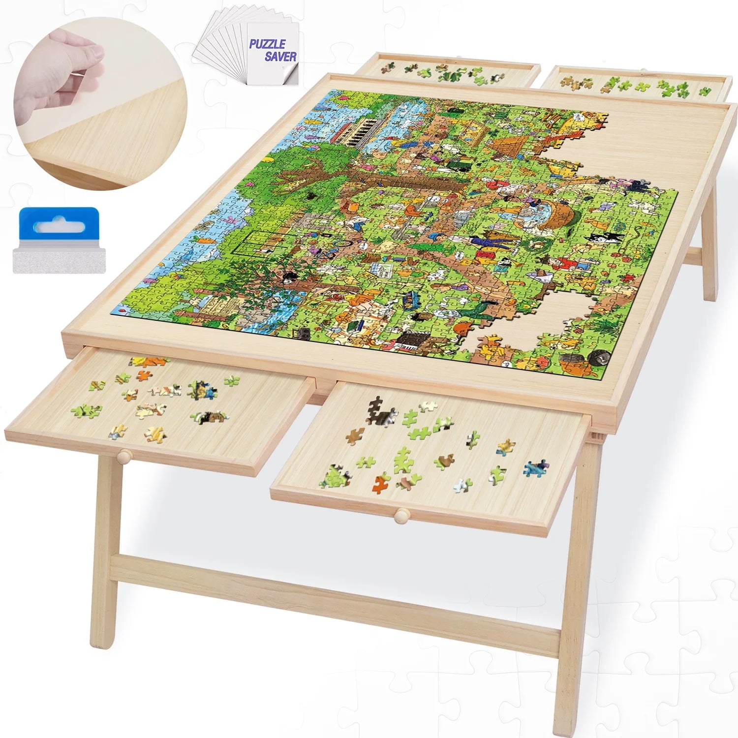 1500 Piece Puzzle Board 34" x 26" Wooden Jigsaw Puzzle Table with Folding Legs and 4 Drawers,1 Protective Cover 10 Glue Sheet and 4 Hangers,Portable Puzzle Tray for Adults and Kids