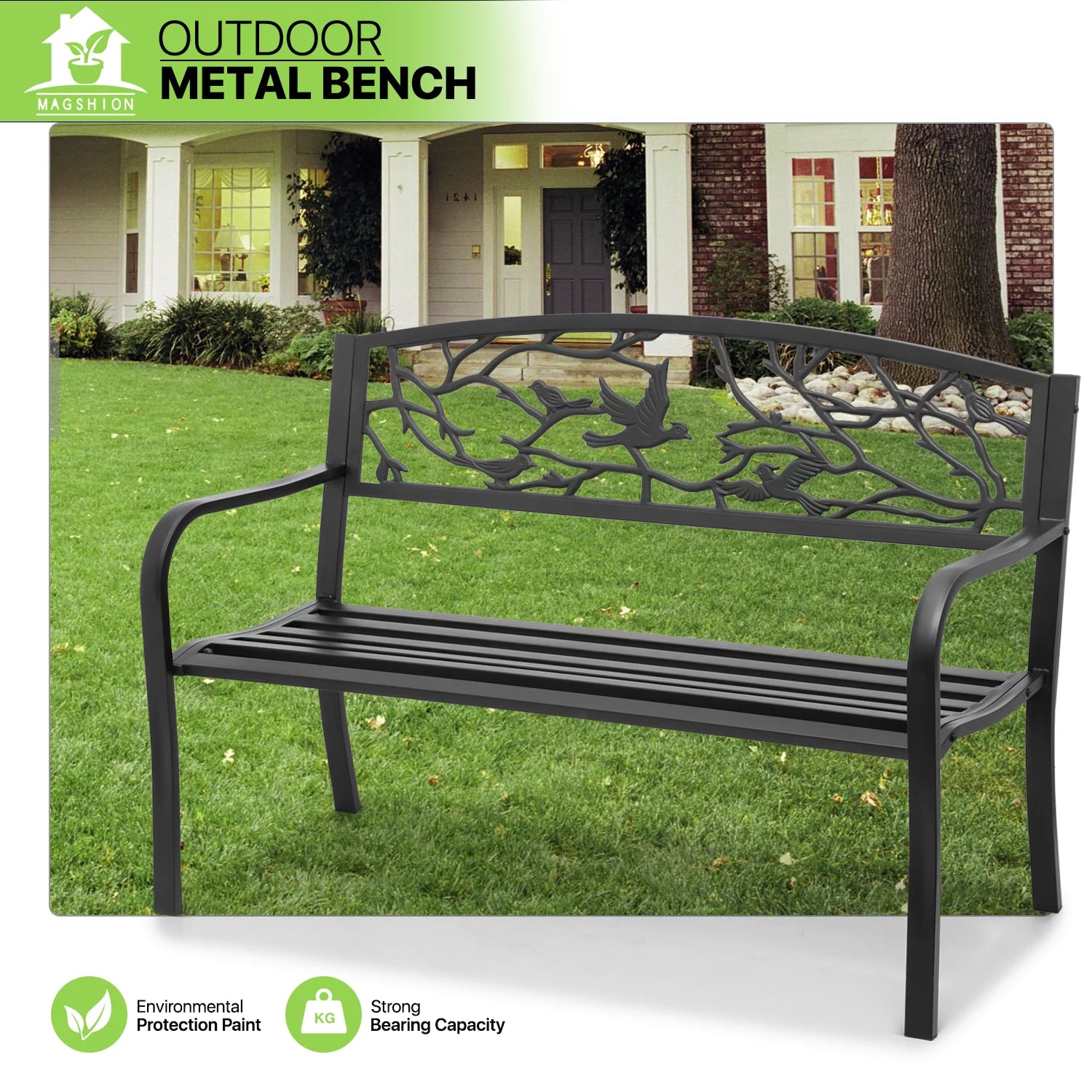 Magshion 50" Outdoor Cast Iron Patio Bench with Bird Design Backrest S46453