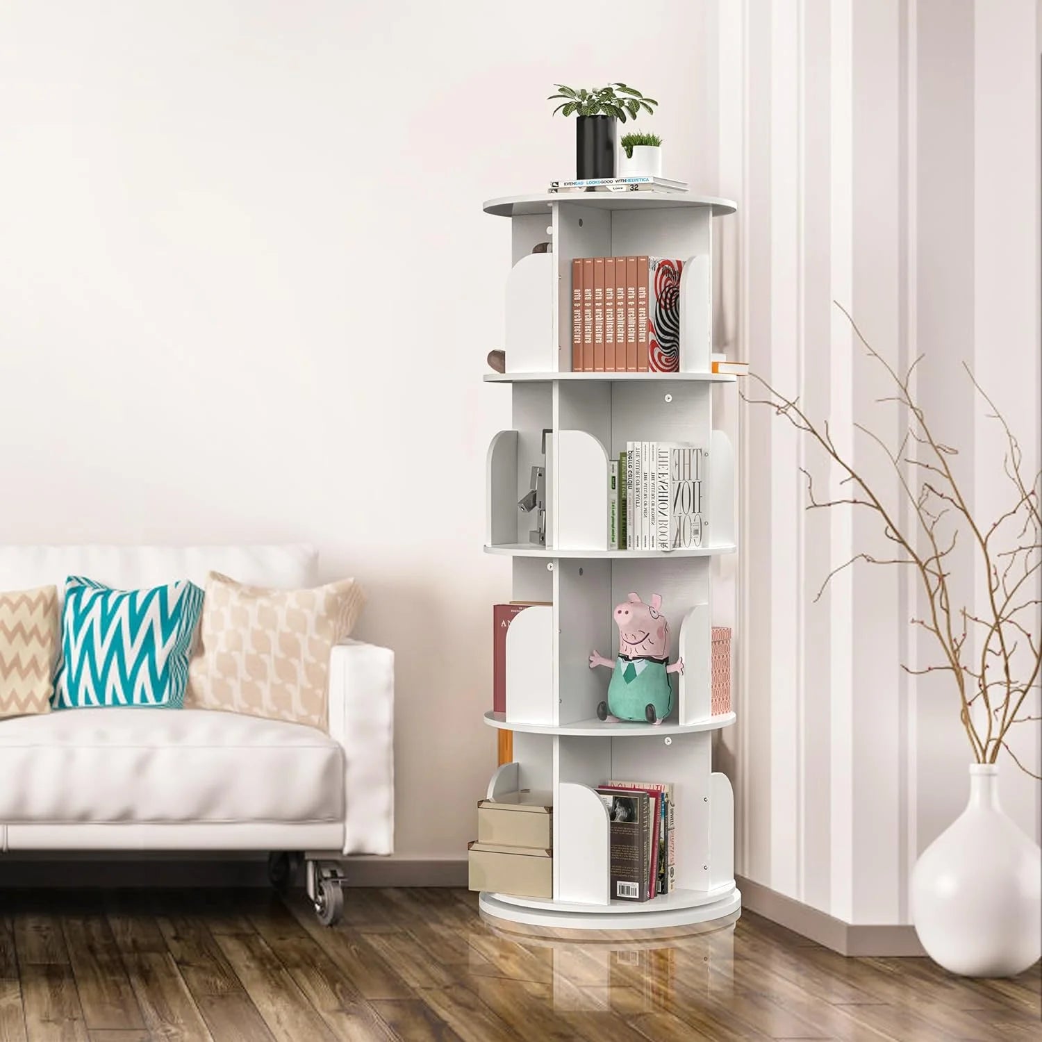 Rotating Bookshelf 4 Tier for Small Space, White H243684