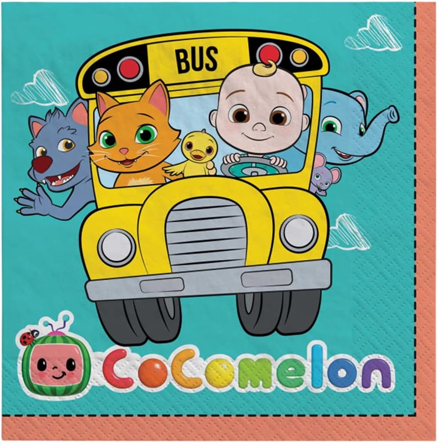 Amscan Cocomelon Paper Party Napkins - 6.5" x 6.5" | Multi-color | Pack of 16