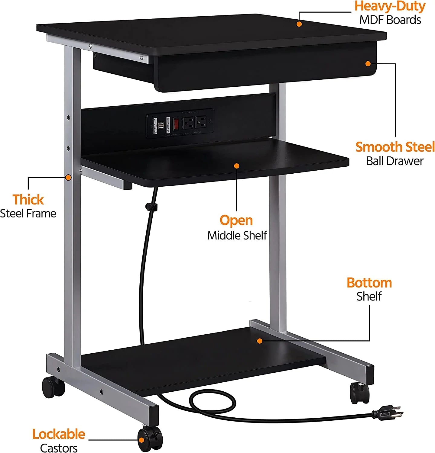 Laptop Desk Compact Computer Table On Wheels With Power Outlet And Usb Ports, Home Office Writing Desk With Charging Station And Printer Shelf Small Desk 22In For Space Saving, Black