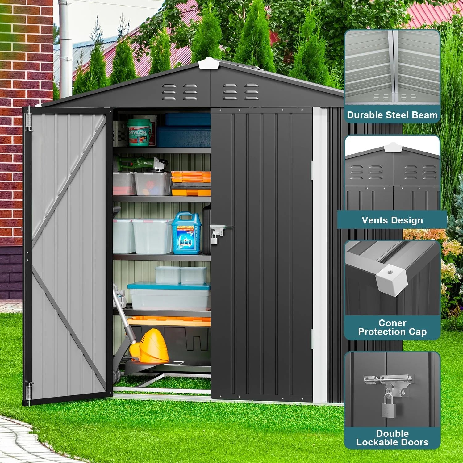 Lofka 6' x 4' Outdoor Metal Storage Shed with Base Frame, Dark Gray S205