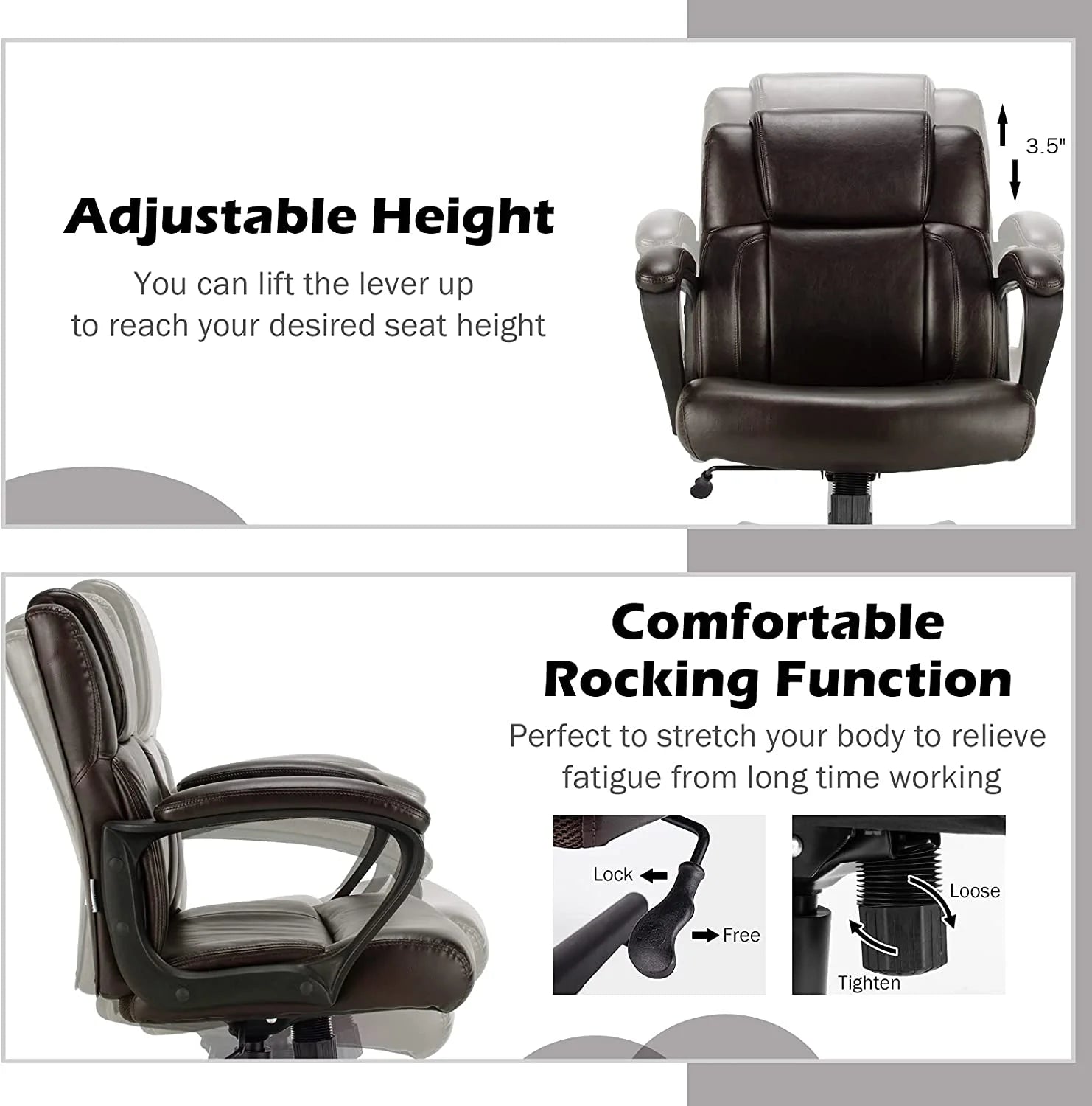 HJZBNONE Office Chair Leather Ergonomic Mid Back Computer Desk Chair Dark Brown N406