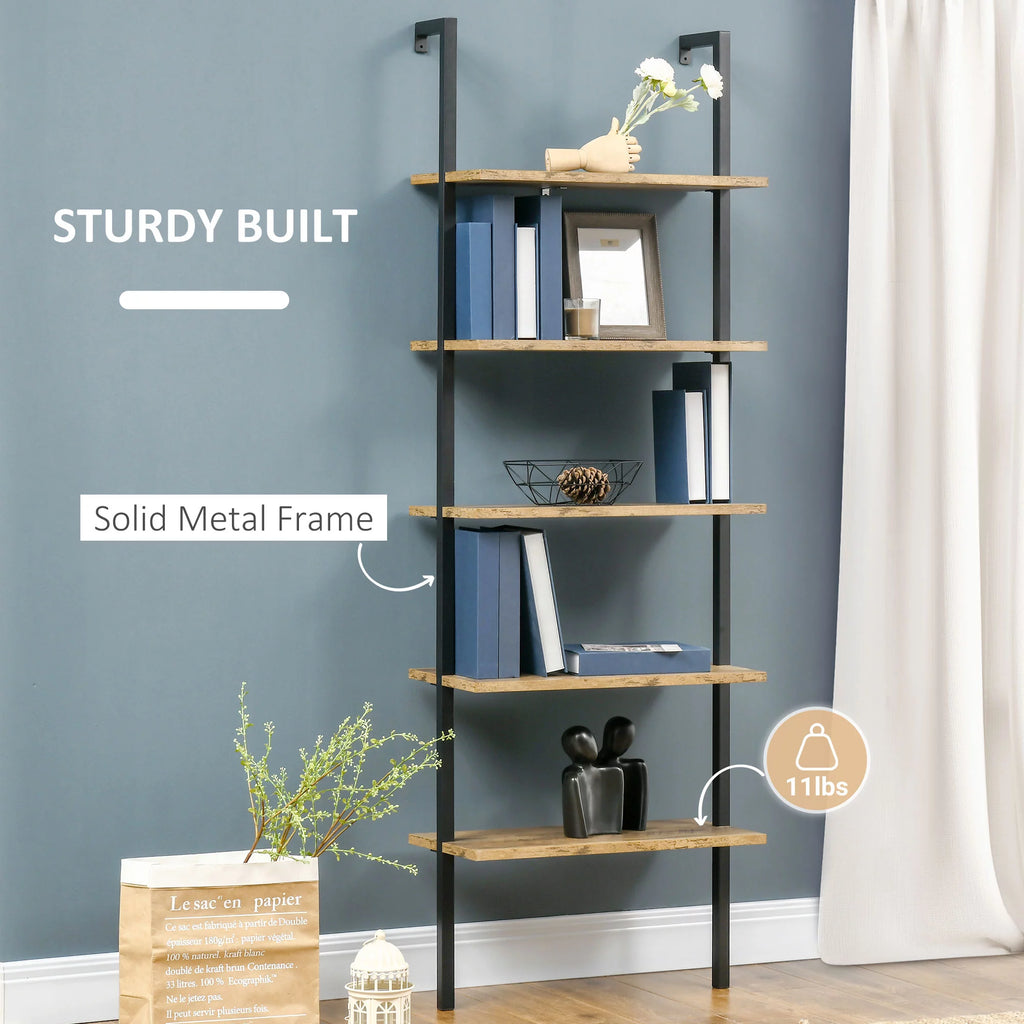 HOMCOM Industrial 5 Tier Wall Mount Ladder Shelf Bookcase, Brown W178352