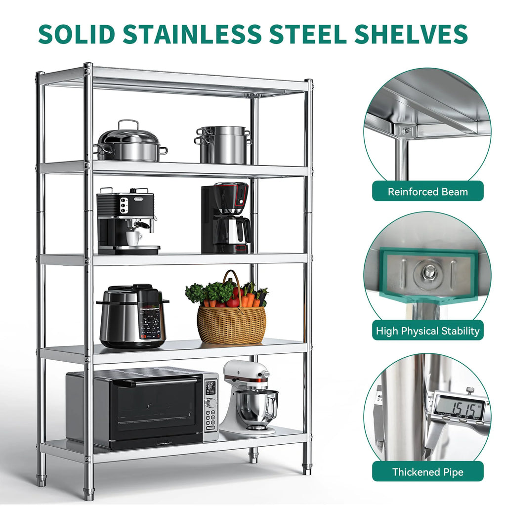 Dextrus Stainless Steel 5-Tier Shelving Unit, 48"x18"x72" E4443