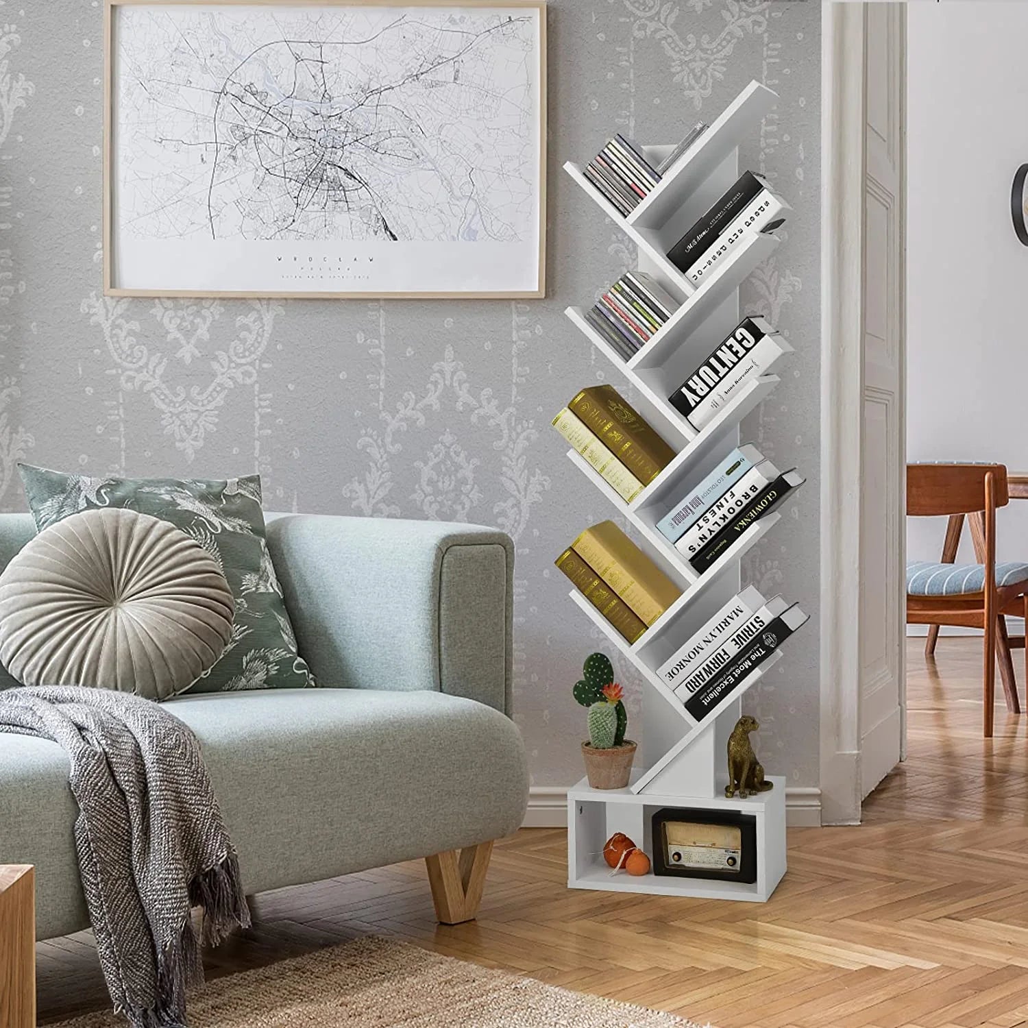 White Wooden Tree Bookshelf with Drawer, 10 Shelves J7898