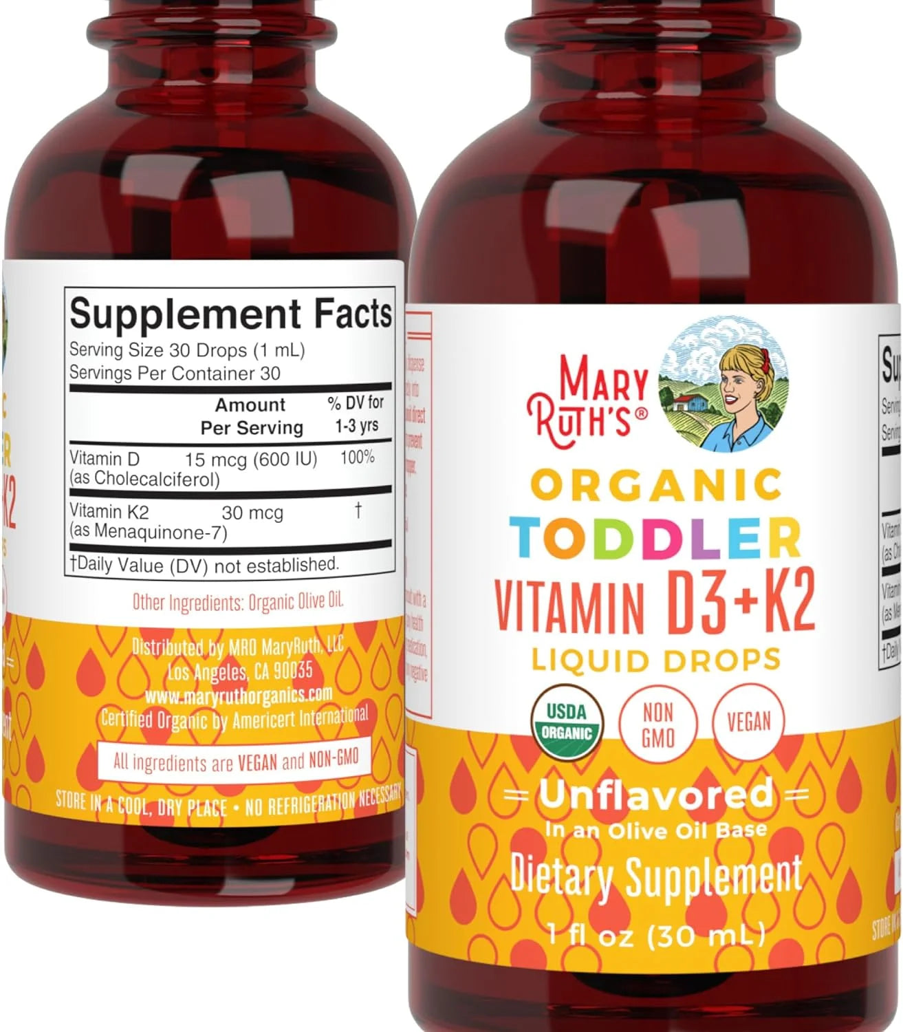 MaryRuth Organics Vitamin D3+K2 Liquid Drops, Unflavored, Vegan, 1 fl oz B498741
