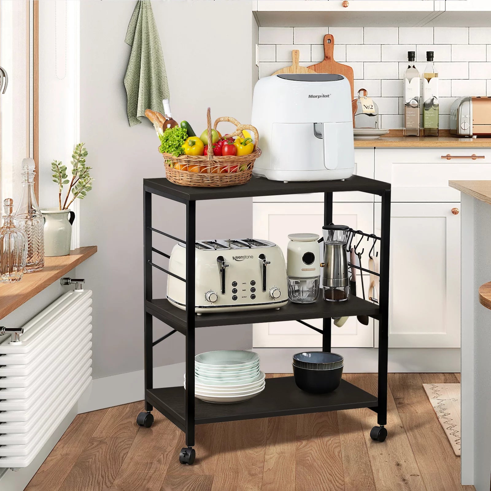 Cheflaud Kitchen Microwave Cart, 3-Tier Vintage Rolling Bakers Rack with 5 Hooks V151