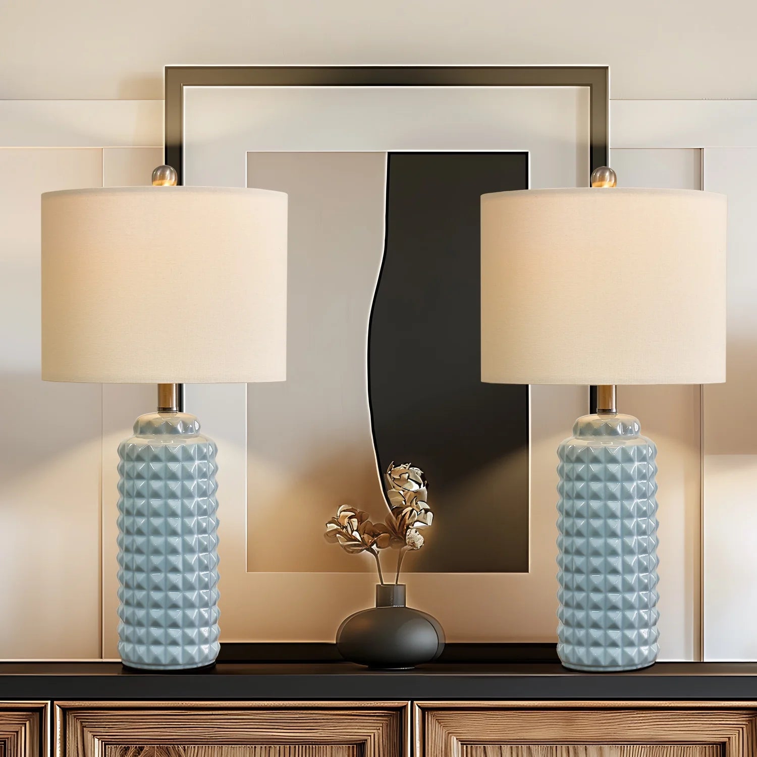 Oneach Ceramic Table Lamp Set of 2 Light Blue 24.5" for Living Room Bedroom K1744