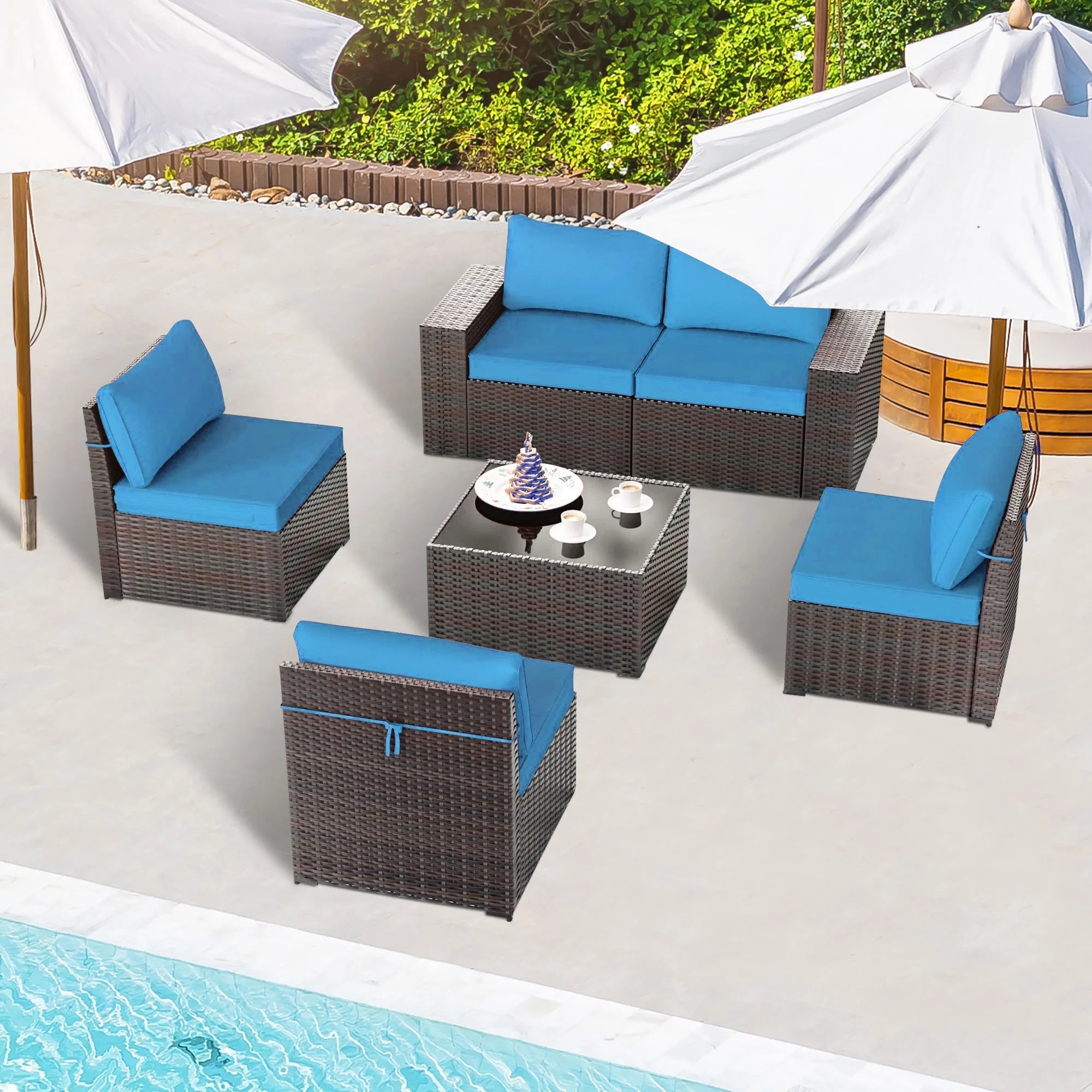TANGJEAER 6-Piece Patio Wicker Sectional Sofa Set with Cushions and Glass Table C465