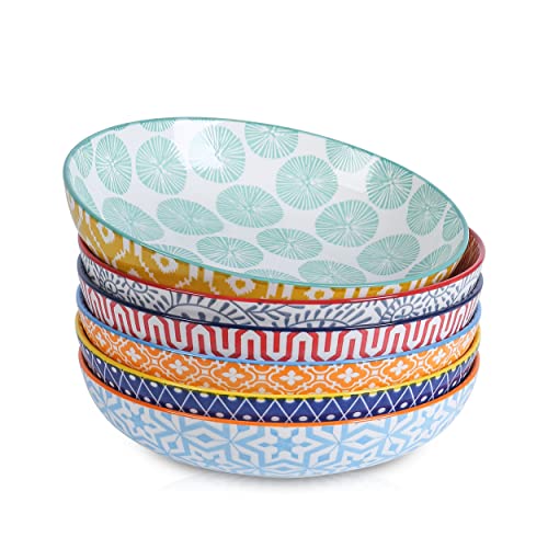 Selamica Porcelain 26 Ounce Pasta Bowls Set of 6, 8 inch Wide and Shallow Salad Bowls, Serving Bowls, Microwave & Dishwasher Safe, Sturdy & Stackable, Vintage Blue