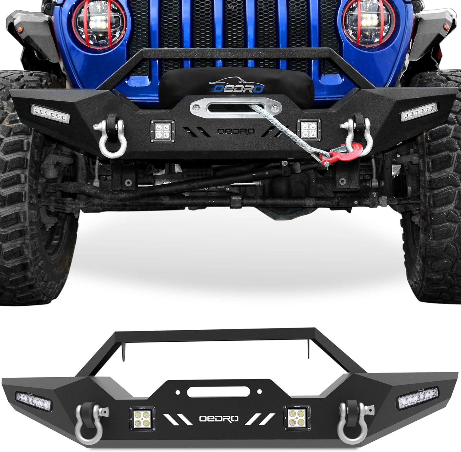 OEDRO Front Bumper Compatible with 2018-2024 Jeep Wrangler JL & Unlimited, 20-24 Gladiator, Rock Crawler Bumper with Winch Plate Mounting & 4 x LED Lights & 2 x D-Rings