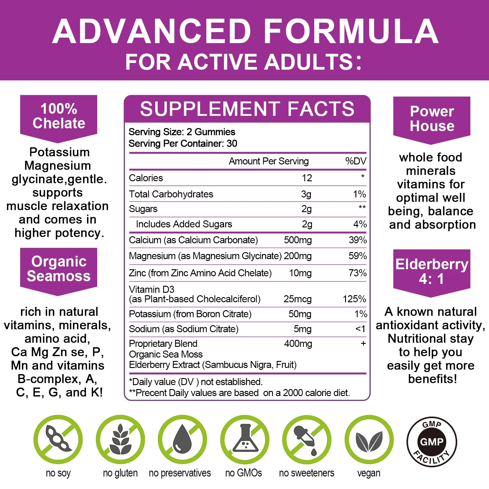 Calcium Magnesium Zinc Gummies with D3 & Sea Moss, 2 Pack A67914