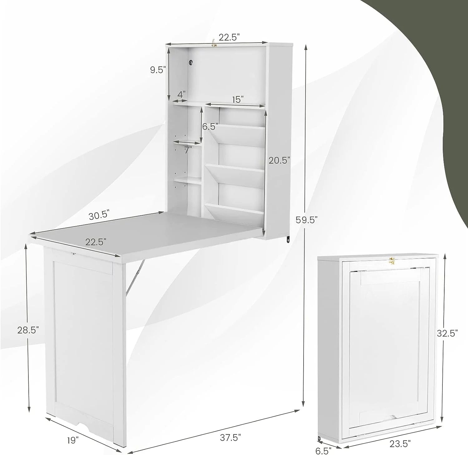 Wall Mounted Table w/Classified Storage Space, Foldable Multiple-Purpose Desk, Sturdy Wood Structure, Floating Convertible Desk/Cabinet for Apartment, Narrow Place and Limited Room (White)