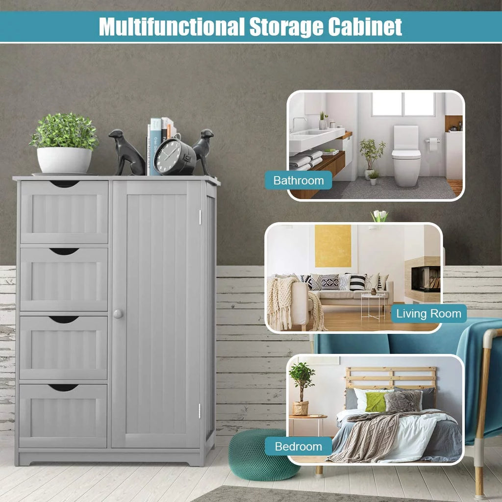 Freestanding Bathroom Storage Cabinet with 4 Drawers and Cupboard, Gray E602183