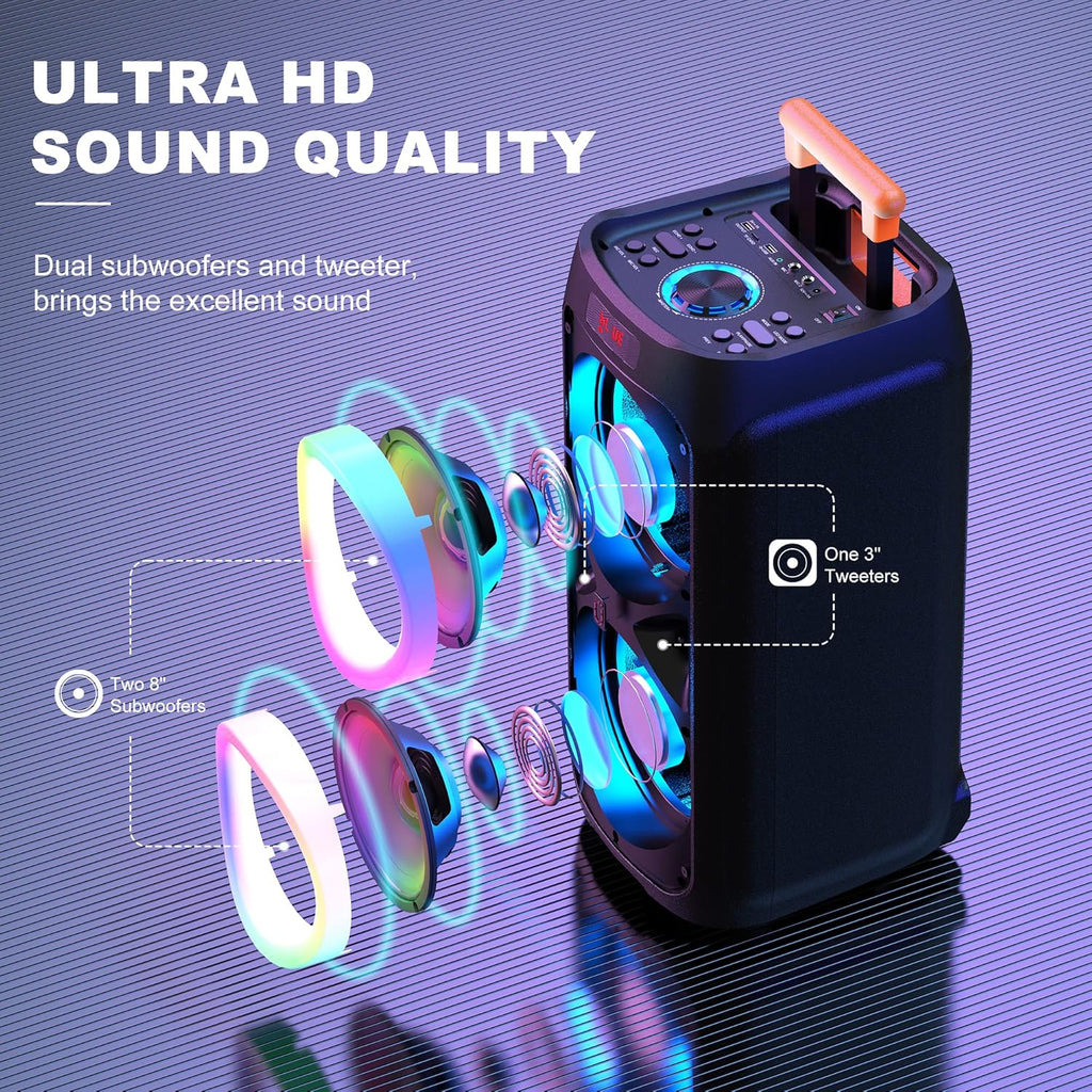 JYX Karaoke Machine with 2 Wireless Microphones, 8" Bluetooth Party Speaker, PA System with DJ Light R73398