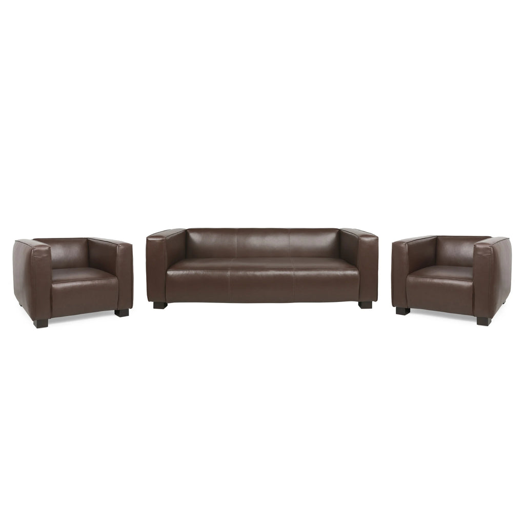 Christopher Knight Home Goyette Faux Leather 3 Piece Club Chair and Sofa Set, Cognac Brown/Dark Walnut Y271694
