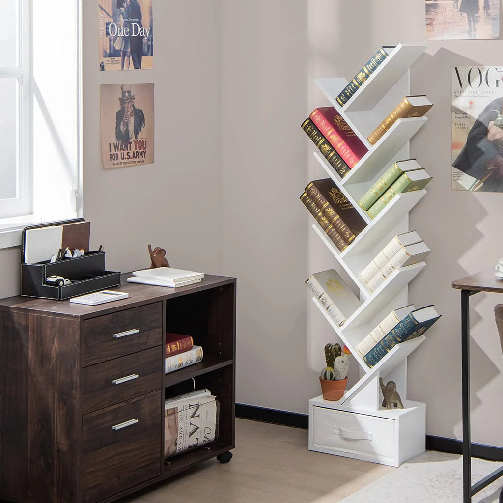 White Wooden Tree Bookshelf with Drawer, 10 Shelves J7898