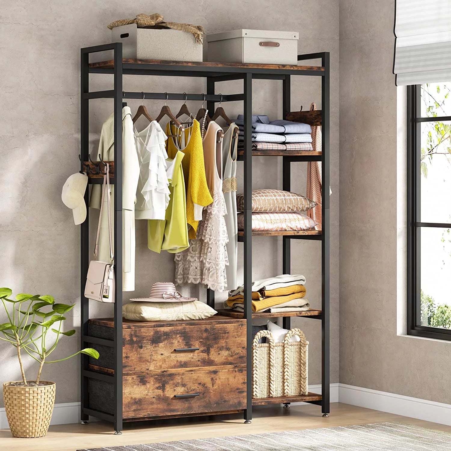 Tribesigns Freestanding Closet Organizer, Clothes Rack with Drawers and Shelves, Heavy Duty Garment Rack Hanging Clothing Wardrobe Storage Closet for Bedroom, Rustic Brown