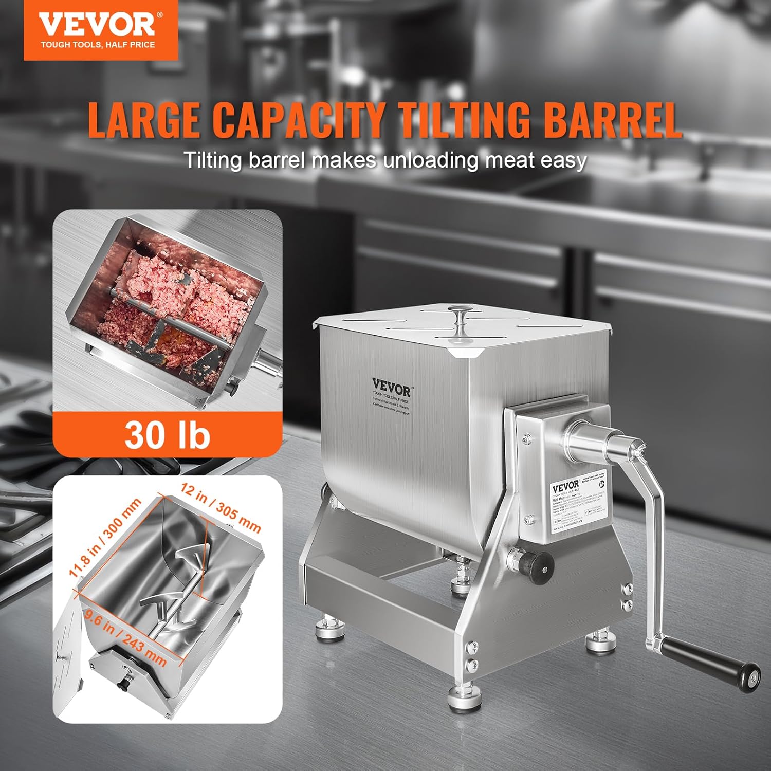 VEVOR Manual Meat Mixer, 30 lb Capacity, Stainless Steel Tilt Tank U2154