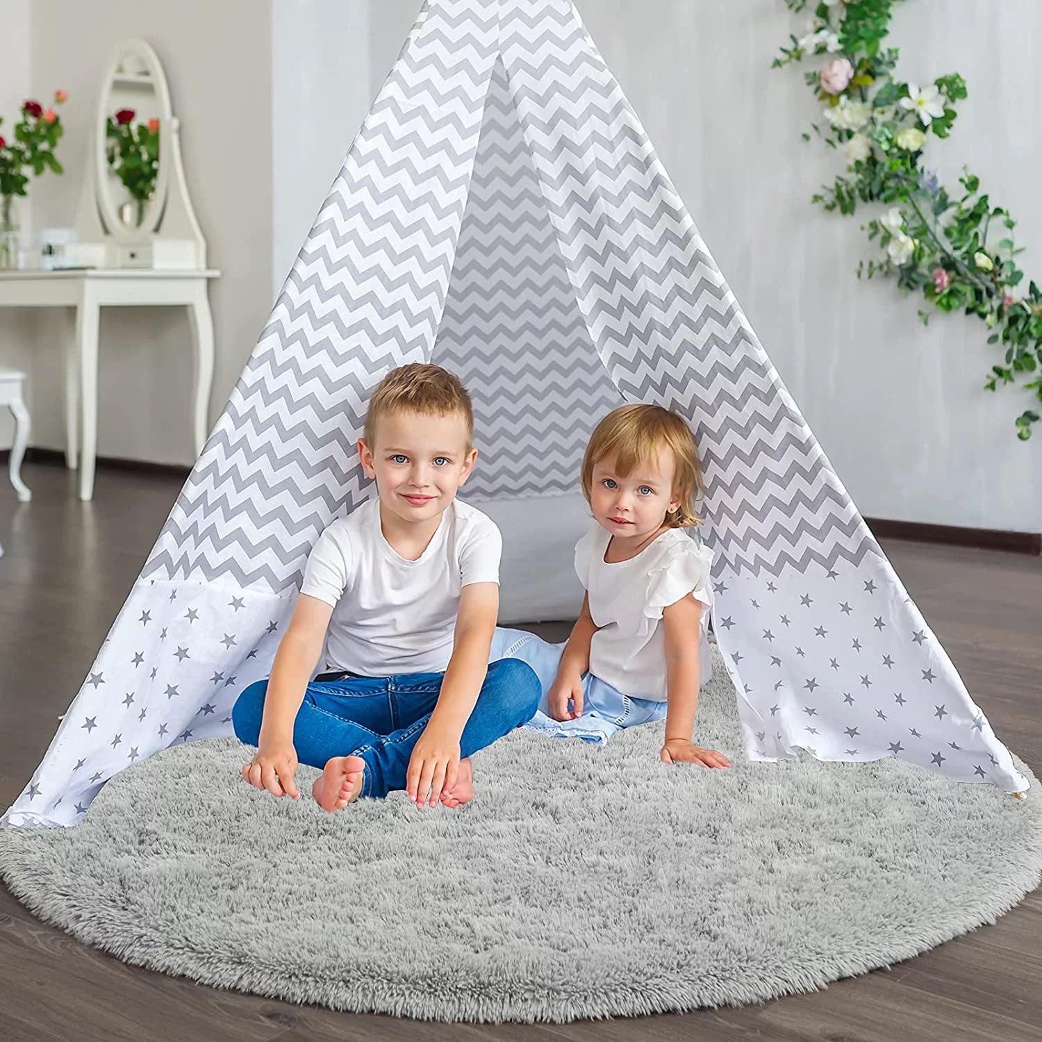 Junovo Luxury Round Fluffy Area Rug for Bedroom Living Room, 5'x5', Gray O830422