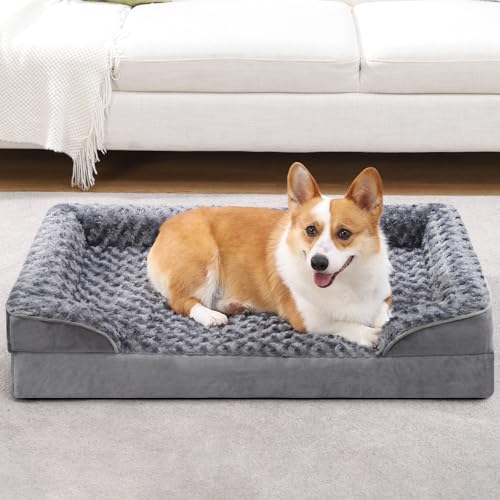 KSIIA Orthopedic Dog Bed Medium Size Dog Couch Waterproof Dog Bed Washable Dog Bed Egg Foam Pet Bed with Removable Bolster & Nonskid Bottom Medium Dog Bed Sofa 29 x 18 x 6 Inch, Grey