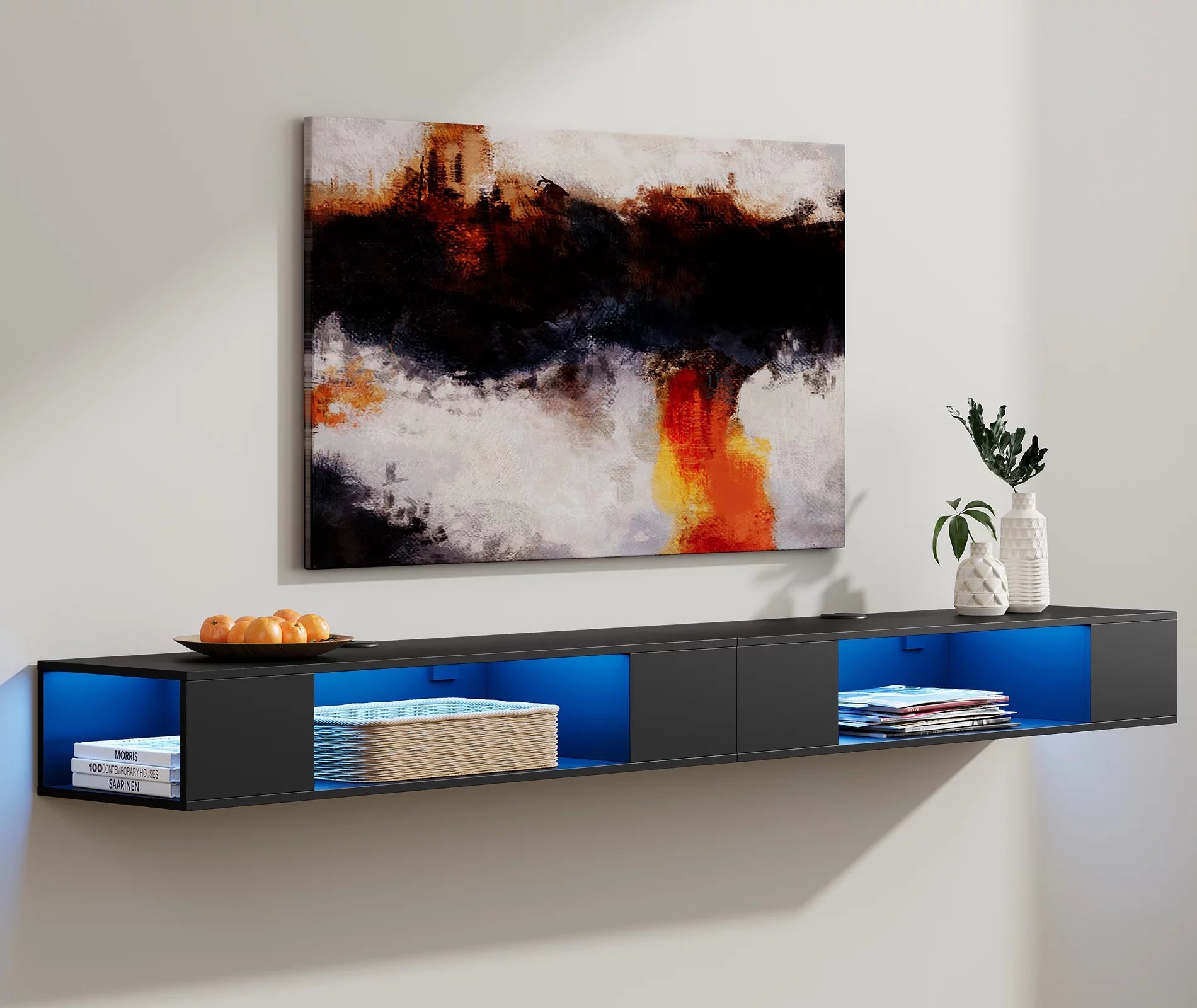 75 inch Blue LED Floating TV Stand for 65/70/75/80/85 inch TVs, Wall Mounted Entertainment Center Media Console Component Under TV, Floating TV Shelf with Storage, Black