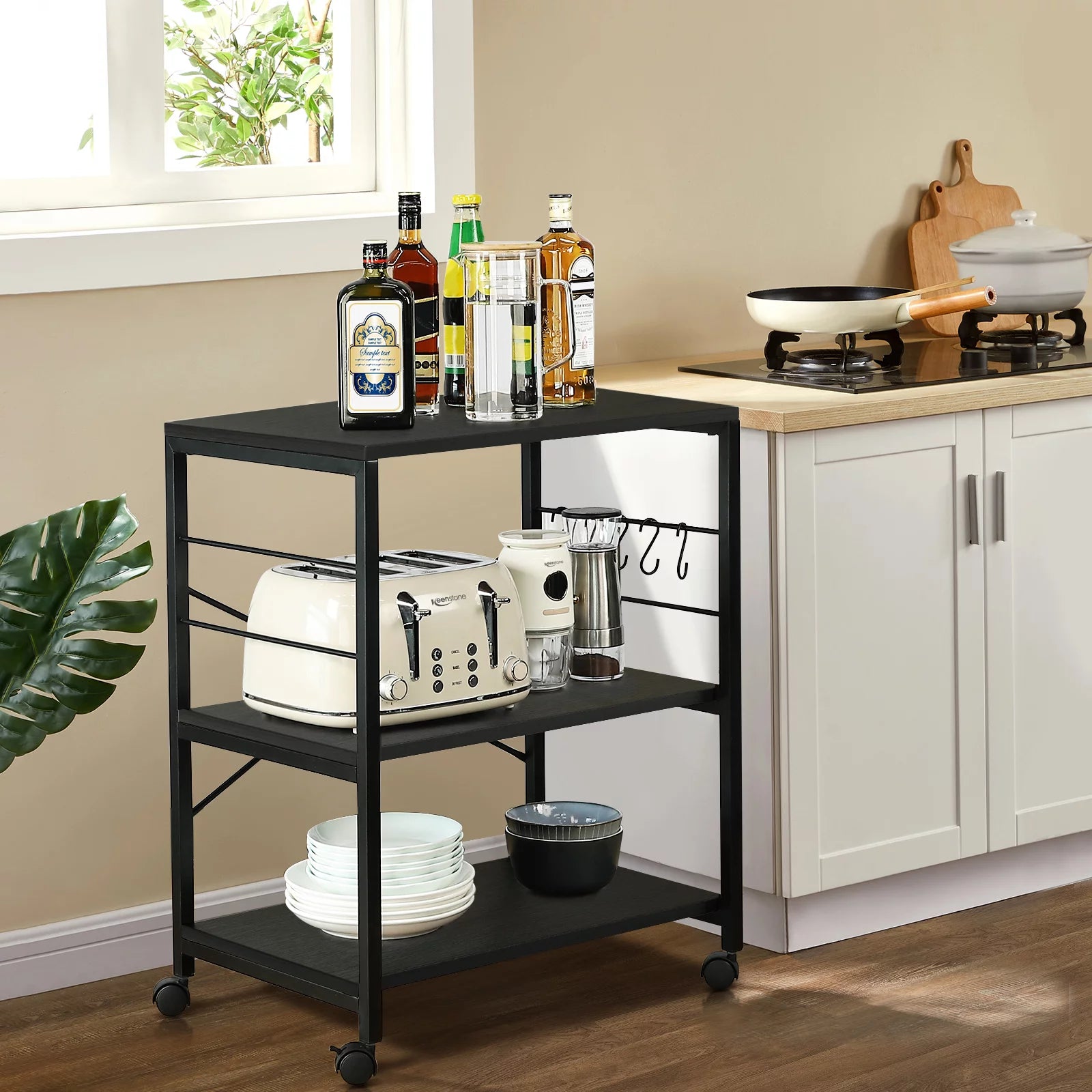 Cheflaud Kitchen Microwave Cart, 3-Tier Vintage Rolling Bakers Rack with 5 Hooks V151