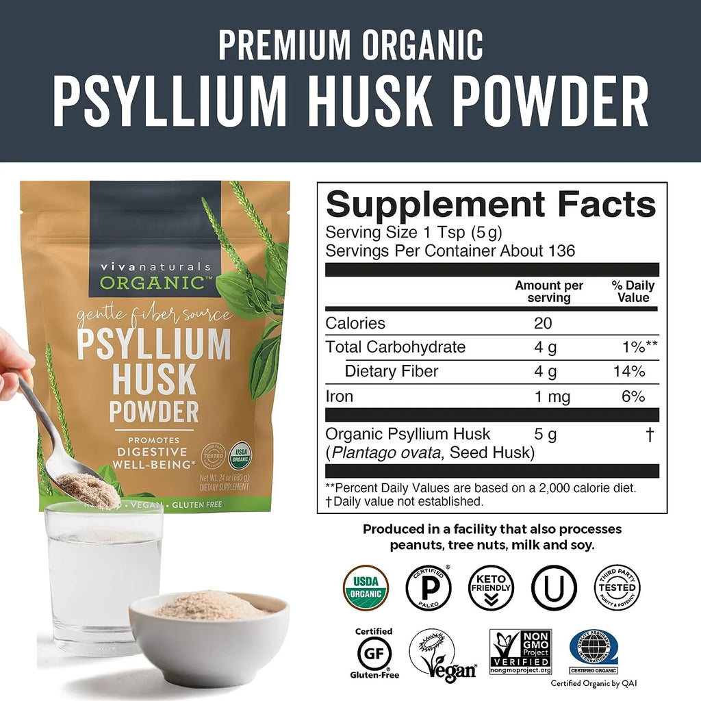Viva Naturals Organic Psyllium Husk Powder, Finely Ground Non-GMO Fiber Supplement P6901