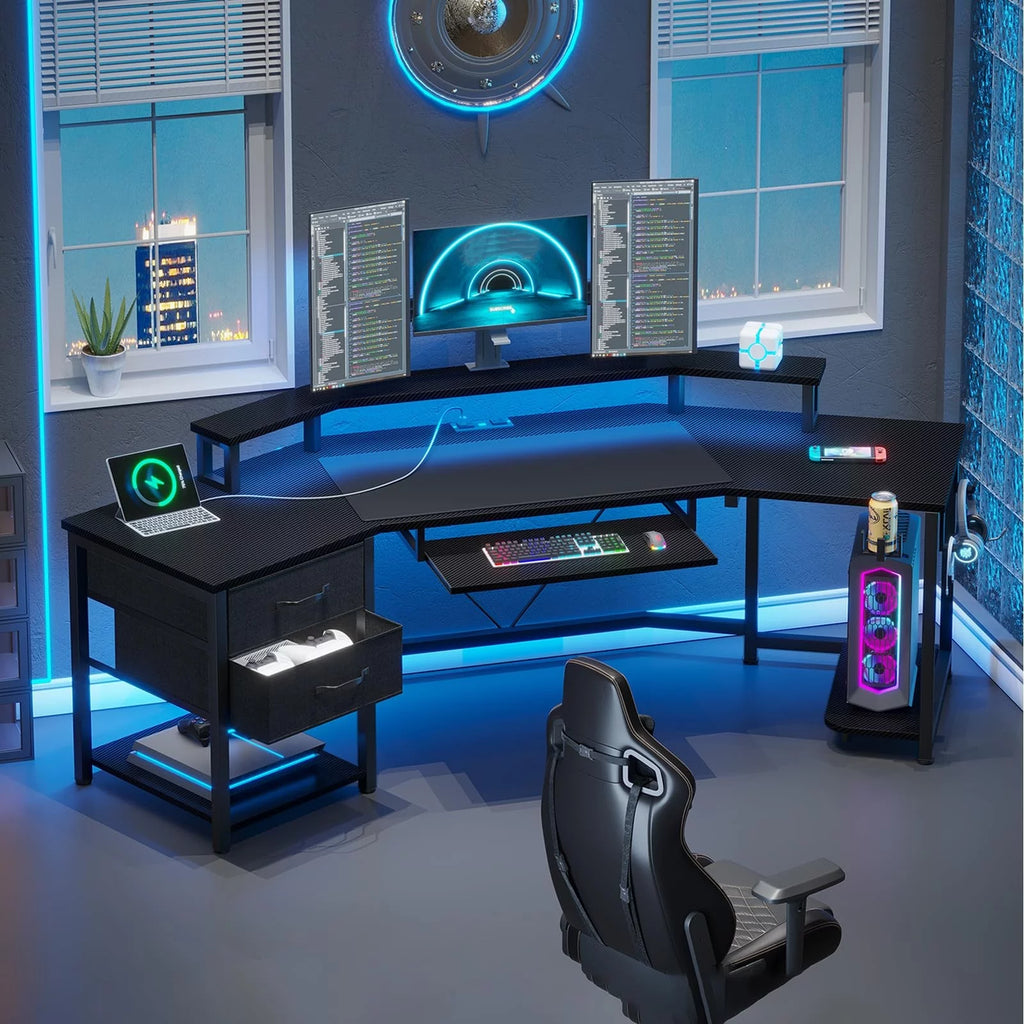 79" Gaming Desk with LED Lights & Power Strip, L Shaped Computer Desk with Storage, Black F674