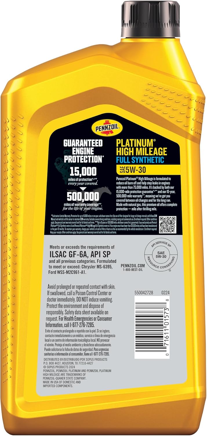 Pennzoil Platinum High Mileage Full Synthetic 5W-30 Motor Oil, 1 Quart Y4849