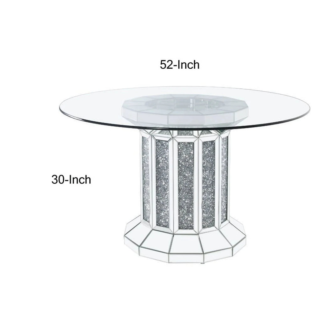 Benjara BM230702 Round Glass Top Dining Table with Silver Cross Oval Base Z853388
