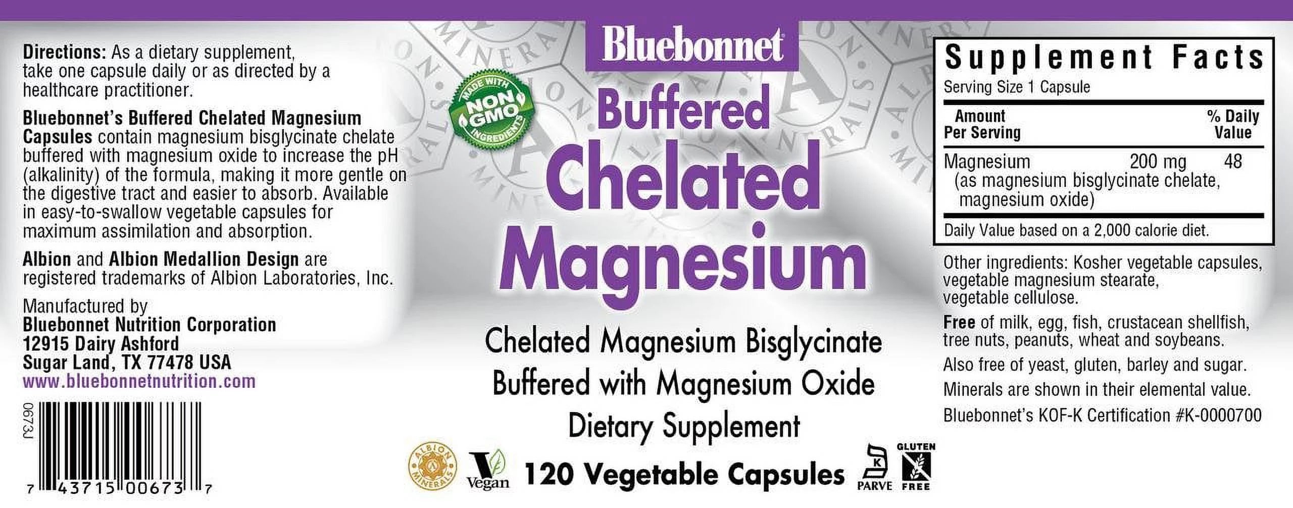 Bluebonnet Albion Chelated Buffered Magnesium 200 mg, 120 Capsules G712