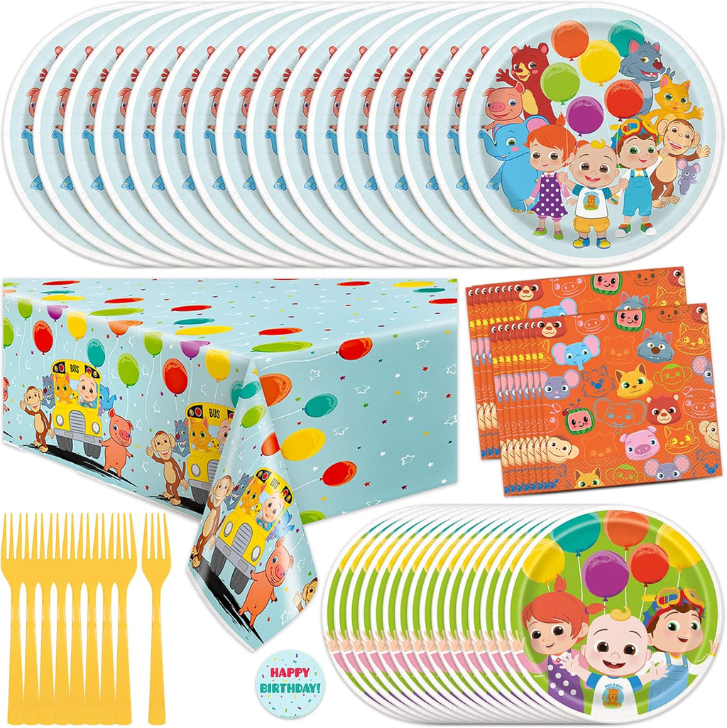Cocomelon Party Supplies Set - Cocomelon Birthday Party Supplies and Decorations for 16 Guests with Table Cover, Plates, Napkins and More