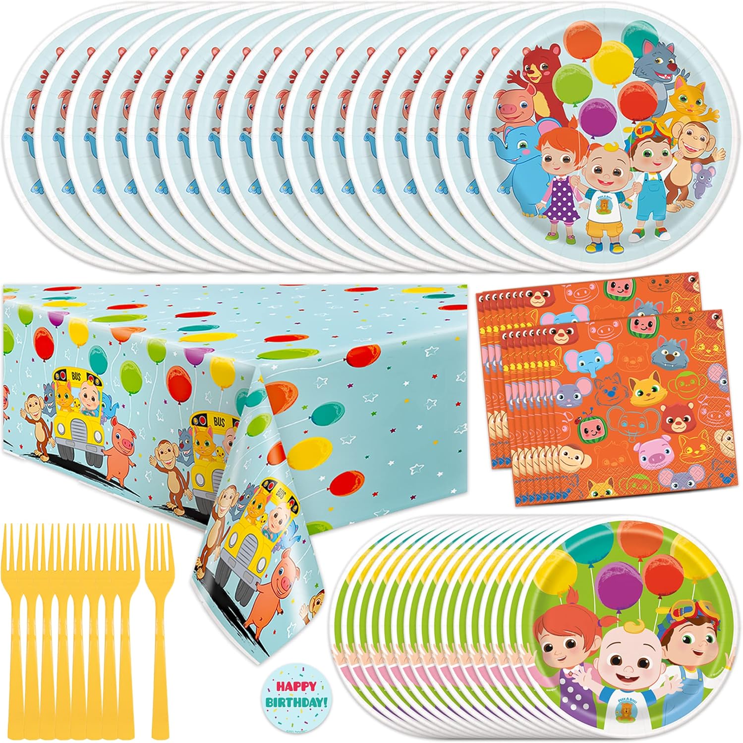 Cocomelon Party Supplies Set - Cocomelon Birthday Party Supplies and Decorations for 16 Guests with Table Cover, Plates, Napkins and More