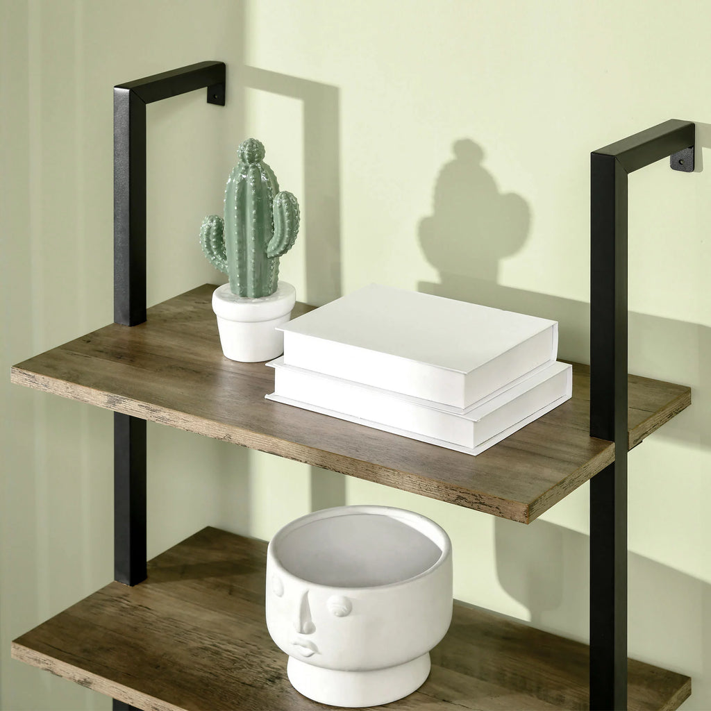 HOMCOM Industrial 5 Tier Wall Mount Ladder Shelf Bookcase, Brown W178352