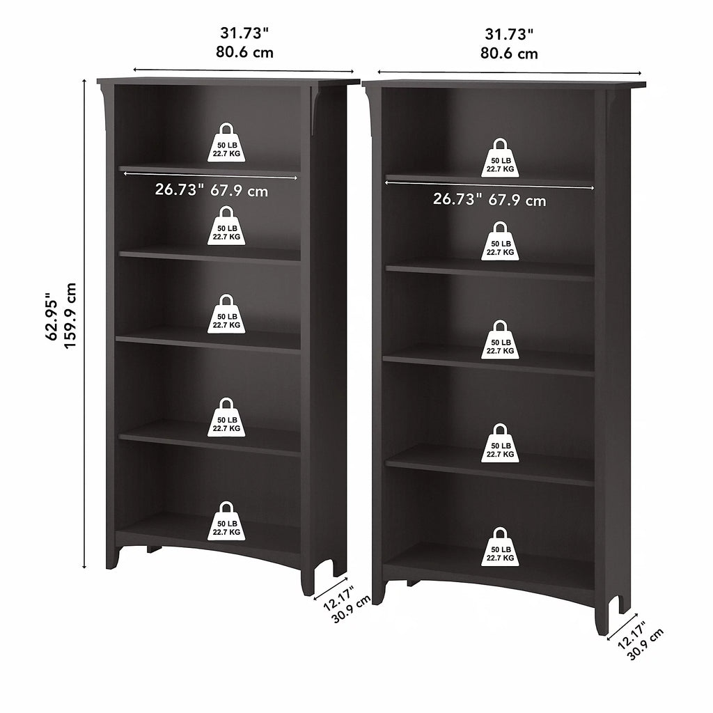 Bush Furniture Salinas 5 Shelf Bookcase, Set of 2, Vintage Black V905