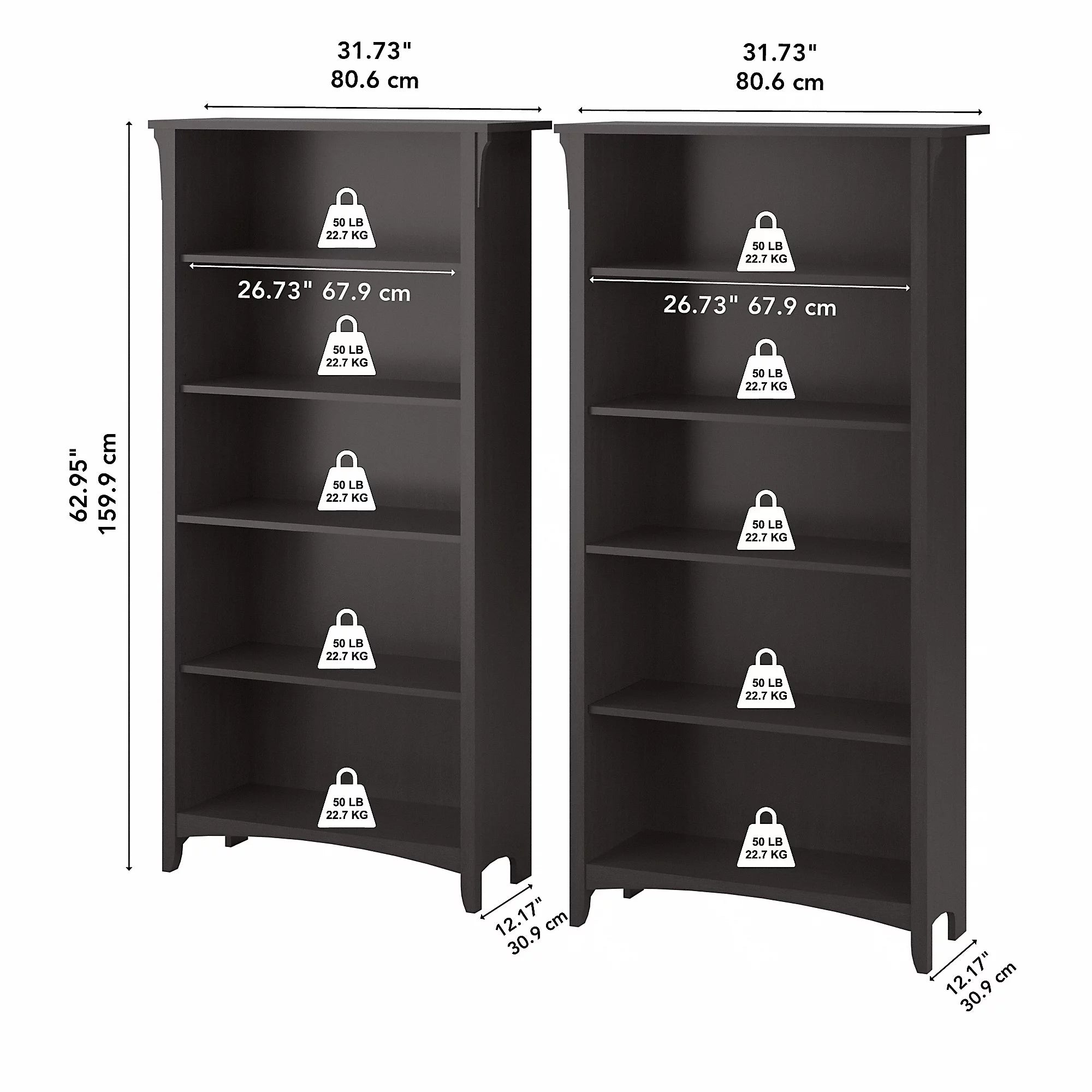 Bush Furniture Salinas 5 Shelf Bookcase, Set of 2, Vintage Black V905