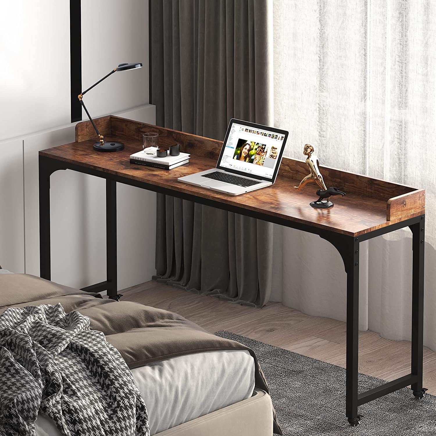 Tribesigns Brown Overbed Table with Wheels, Queen Size Mobile Desk Z8624