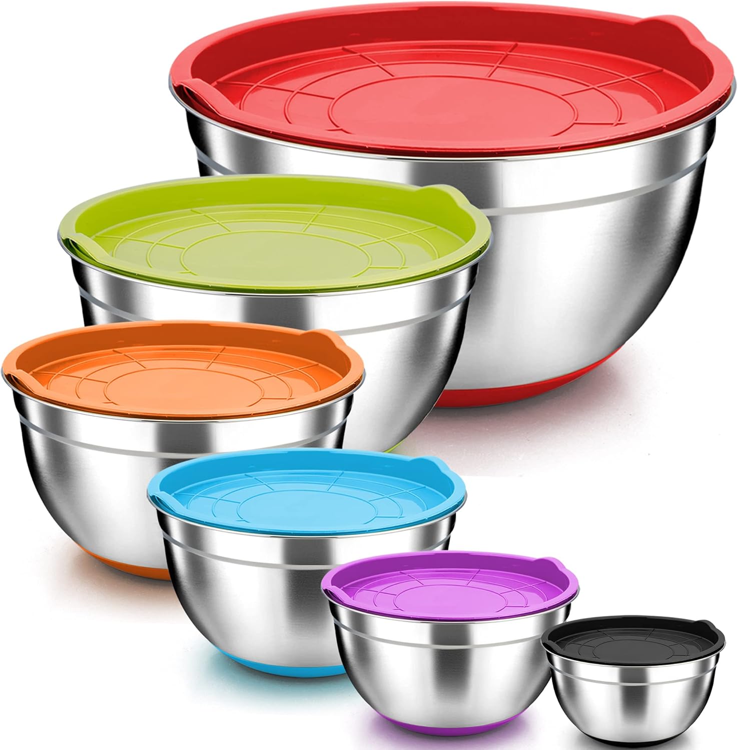 TeamFar Mixing Bowls, Stainless Steel Mixing Bowls with Lids, Nesting Salad Bowls with Air-tight Lids & Non-slip Bottom, Dishwasher Safe & Stackable, Set of 6-4.6/2.6/2 / 1.5/1 / 0.7 Qt