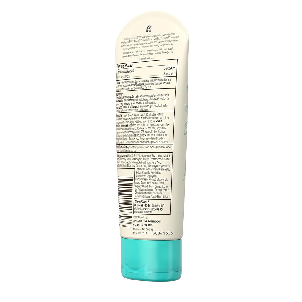 Aveeno Positively Mineral Sensitive Skin Sunscreen Lotion SPF 50, Unscented, 3 Fl Oz O90324