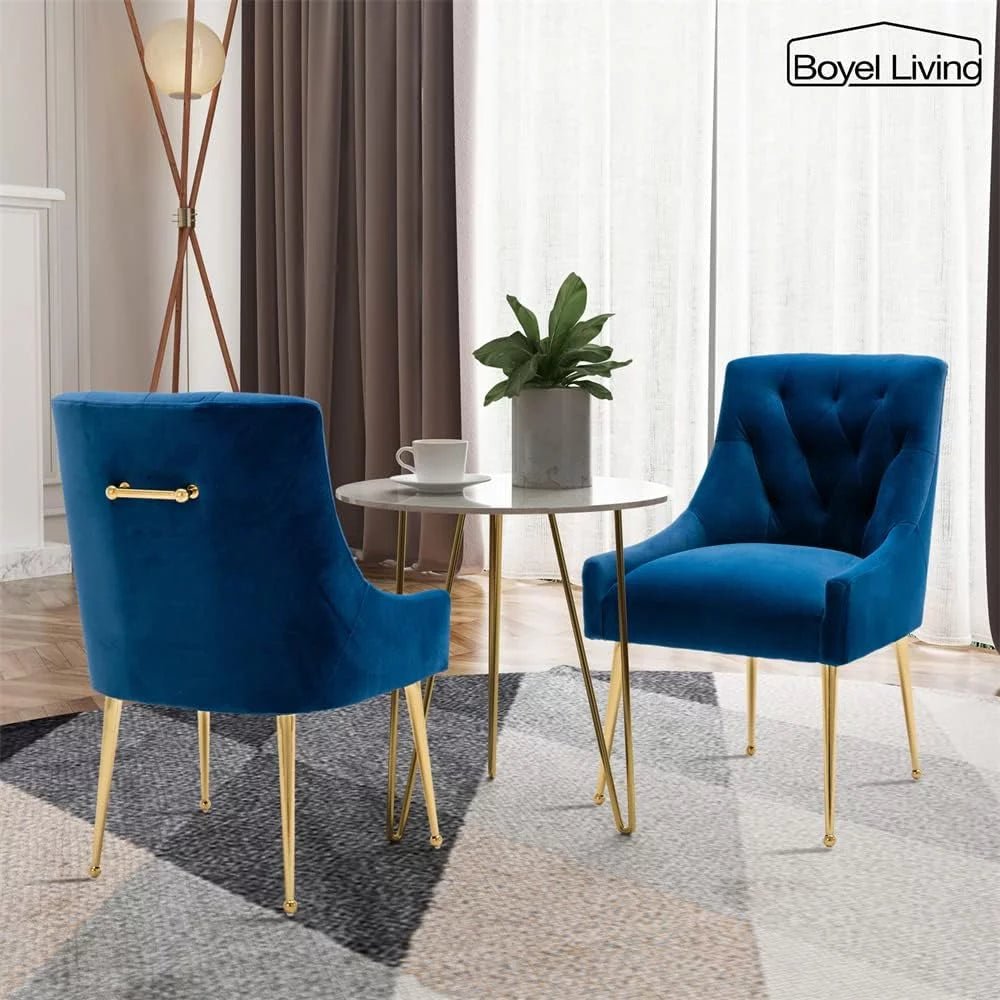 Boyel Living Velvet Upholstered Dining Chair Set of 2 with Gold Legs, Navy Blue F365