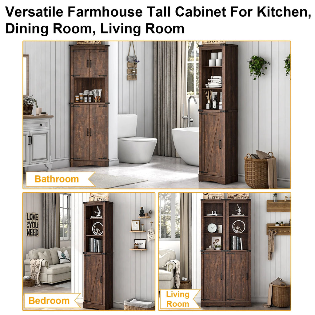 ChVans Farmhouse Storage Cabinet, 5-Shelf Tall Bathroom Organizer with Barn Door, Brown W446800