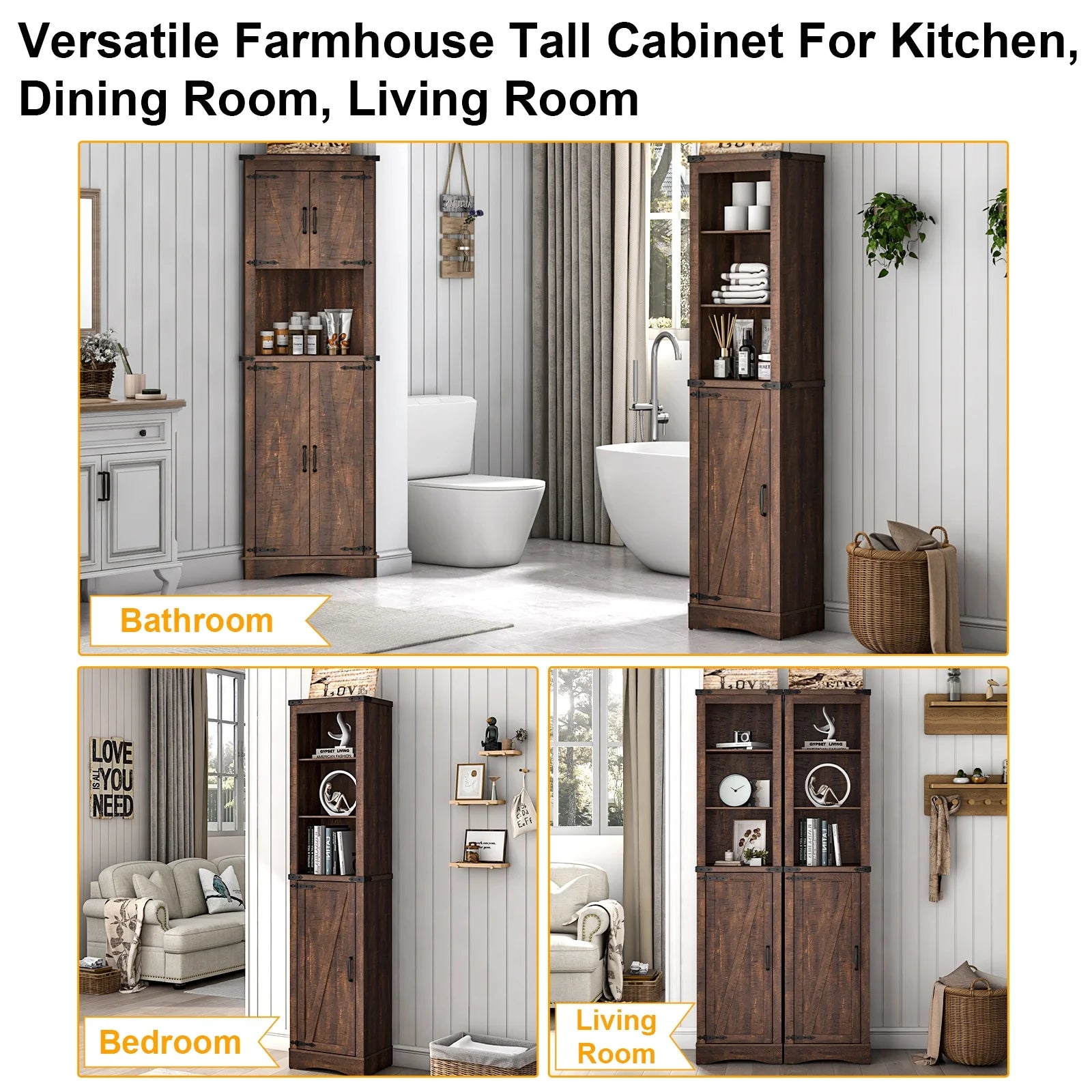 ChVans Farmhouse Storage Cabinet, 5-Shelf Tall Bathroom Organizer with Barn Door, Brown W446800