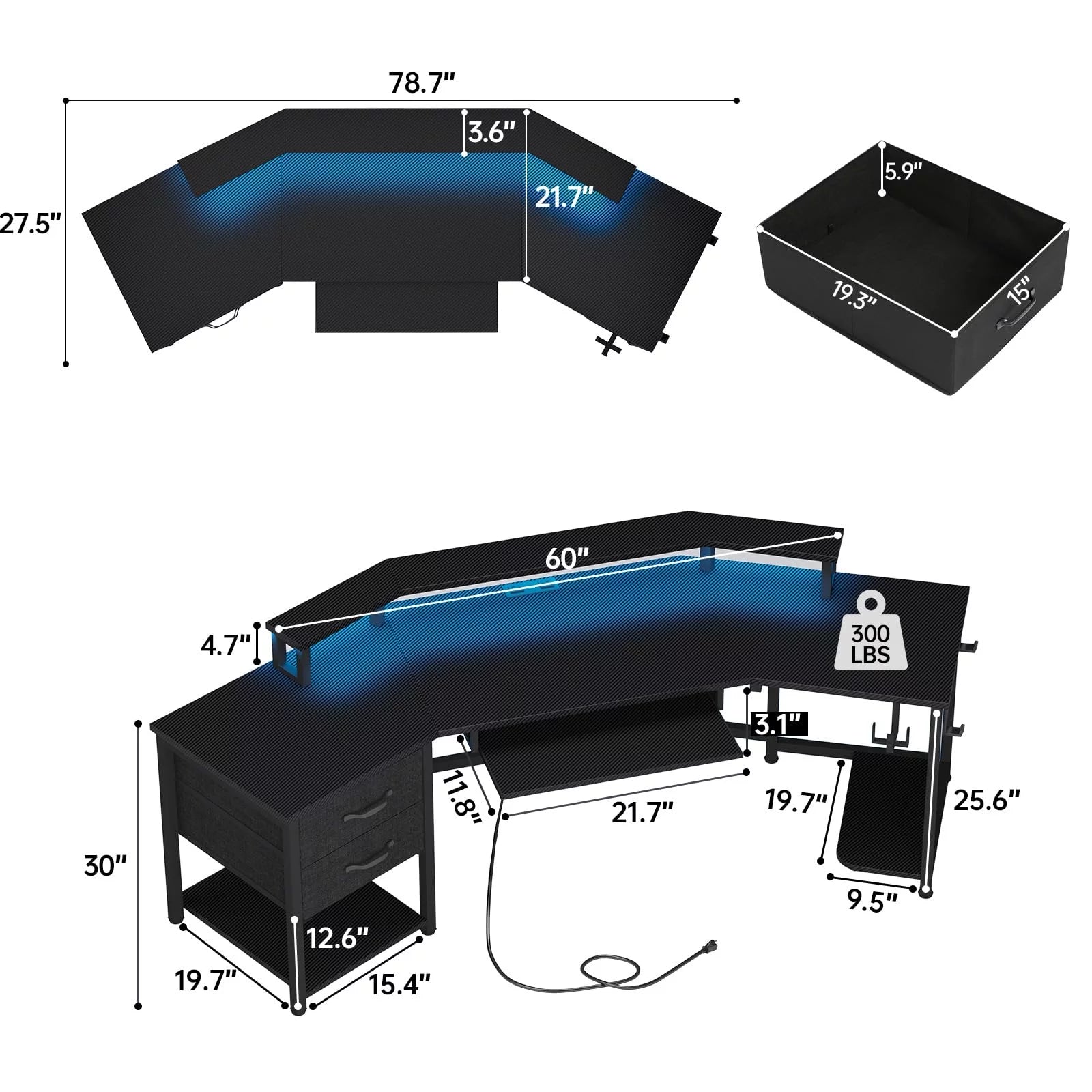 79" Gaming Desk with LED Lights & Power Strip, L Shaped Computer Desk with Storage, Black F674