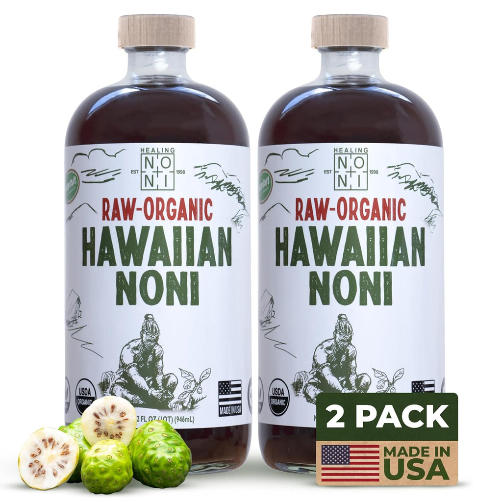 Healing Noni - 2-Pack Glass Bottle 32oz - 100% Pure Hawaiian Raw-Organic Juice - All-Natural Unsweetened Fresh Fruit - Farm Direct - USDA Certified