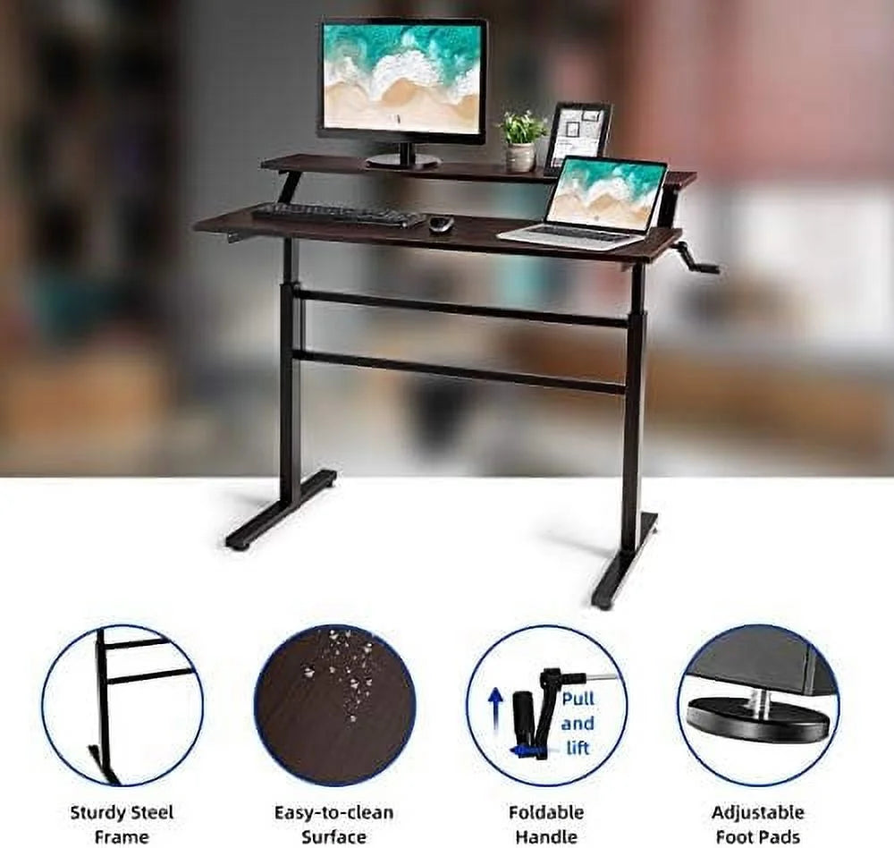 HJZBNONE Standing Desk 2-Tier Adjustable Computer Workstation with Monitor Stand, Brown U316573